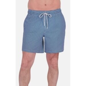 Rainforest Men's Gingham Seersucker 7" Swim Trunks in Bering Sea Blue Small